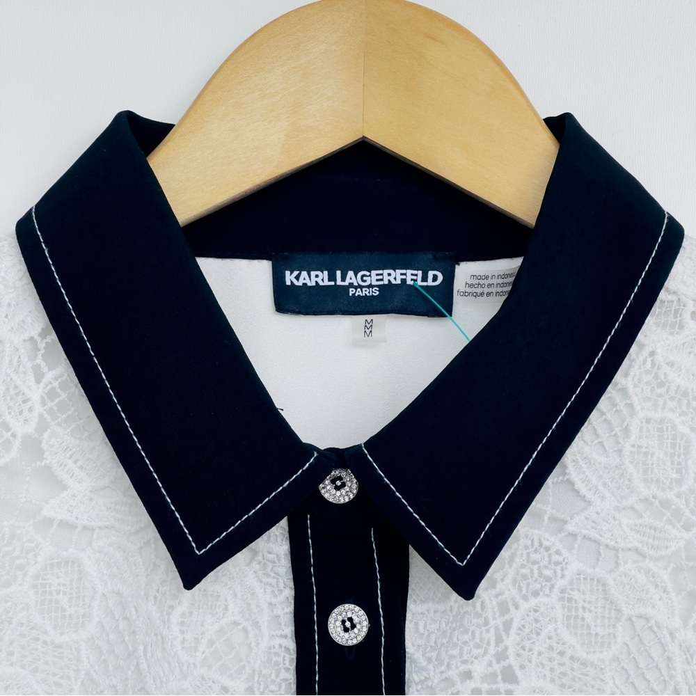 KARL LAGERFELD PARIS Lace Button-Up Blouse Contrast-Trim Point Collar - Picture 5 of 10